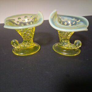 2 VTG Fenton Topaz Hobnail Opalescent Cornucopia, Uranium Vaseline Glass
